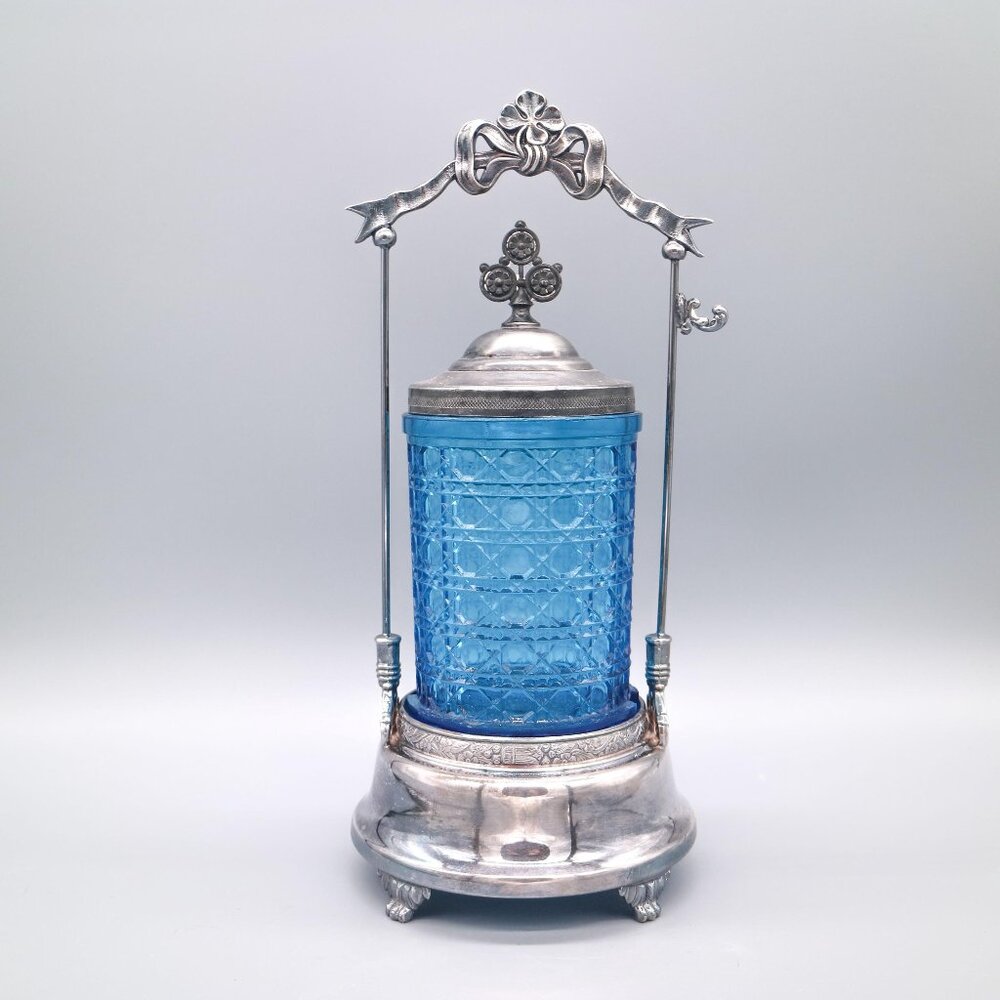 Antique Victorian Fancy Ornate Pickle Castor Blue Glass Meriden Pickle Cruet